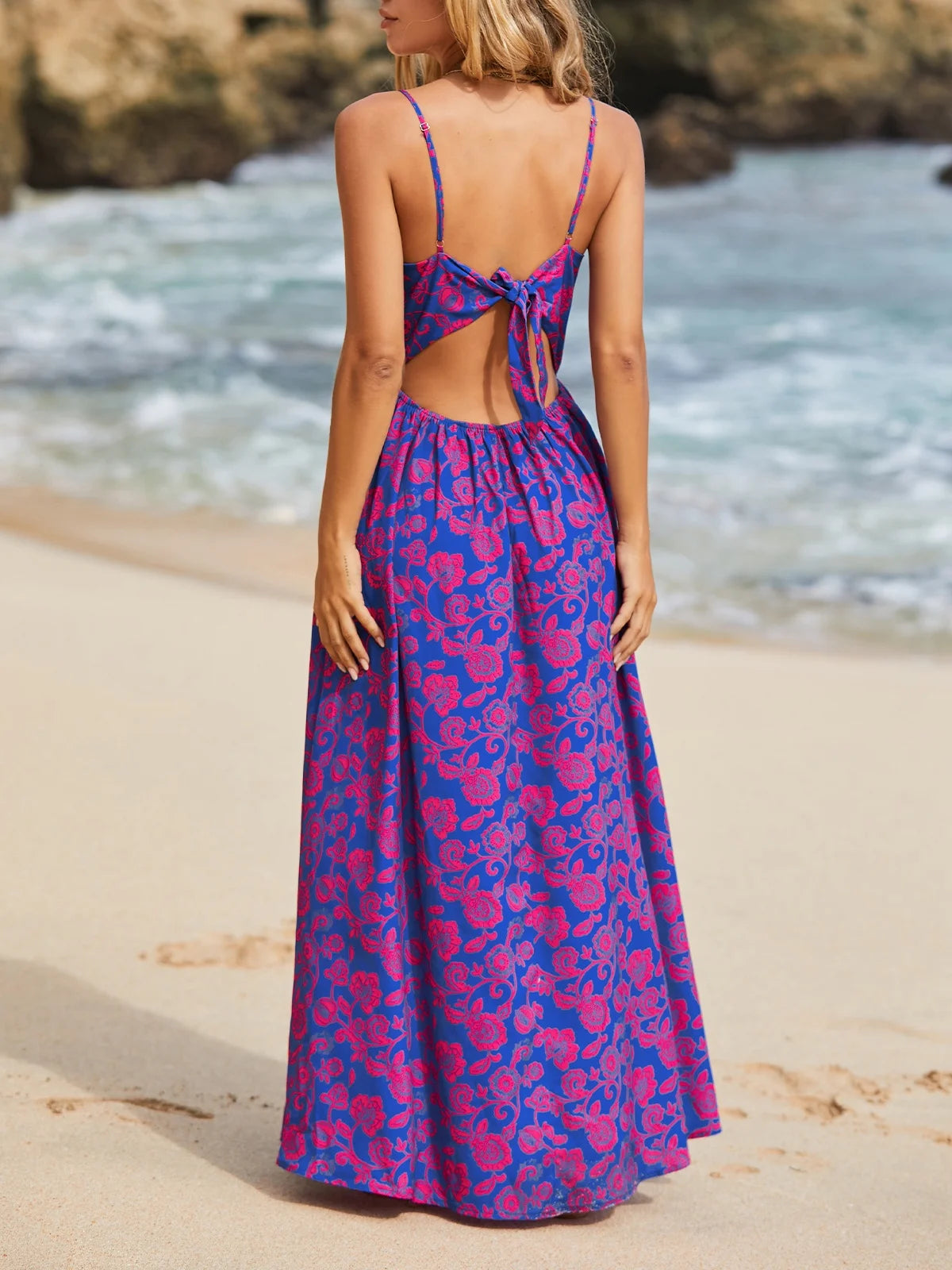 Women'S A-Ship Dress V-Neck Knot Print Maxi Beachwear Dress, Size XS-XL