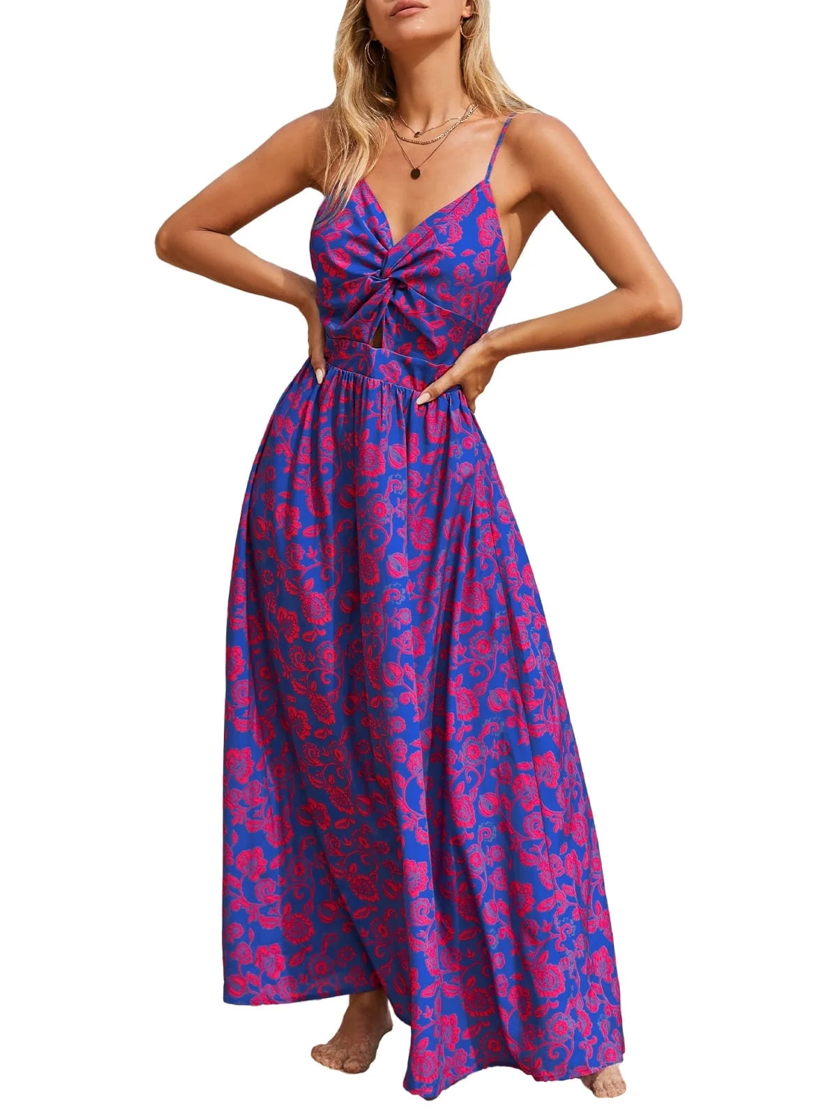 Women'S A-Ship Dress V-Neck Knot Print Maxi Beachwear Dress, Size XS-XL