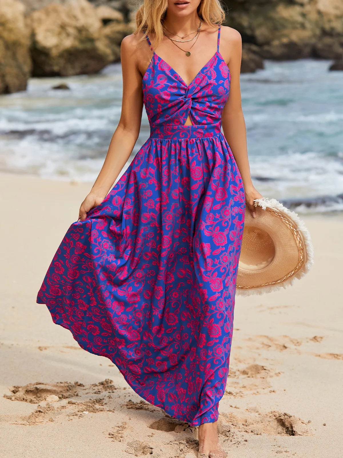 Women'S A-Ship Dress V-Neck Knot Print Maxi Beachwear Dress, Size XS-XL